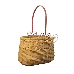 Handmade Woven Wicker Basket w/Wood Bottom Metal-Handle Berry-Picking Prairie